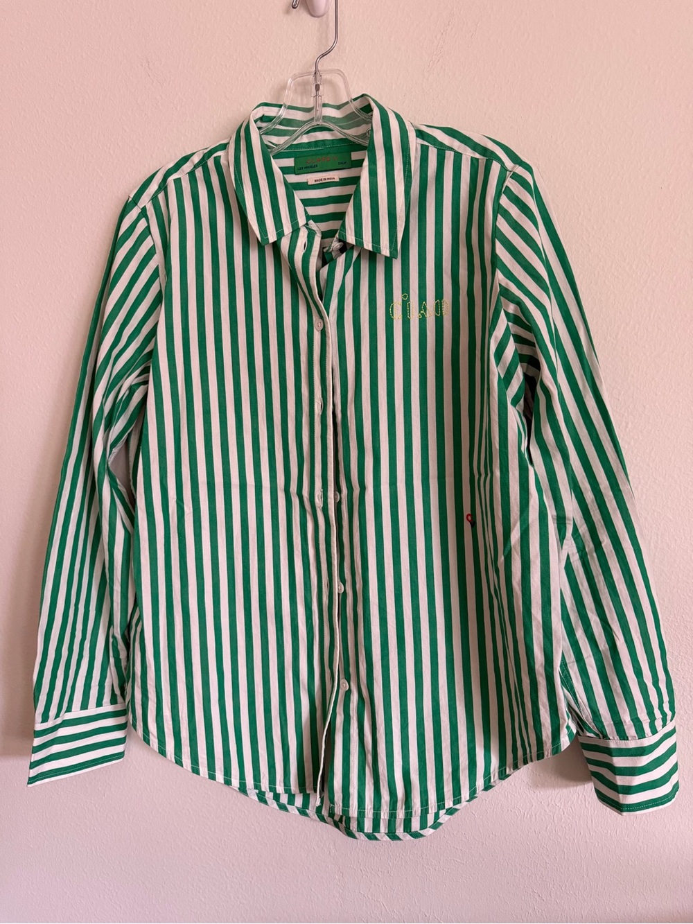 Clare V Green and White Striped Cotton Button-Down Shirt S Preppy Coastal Travel